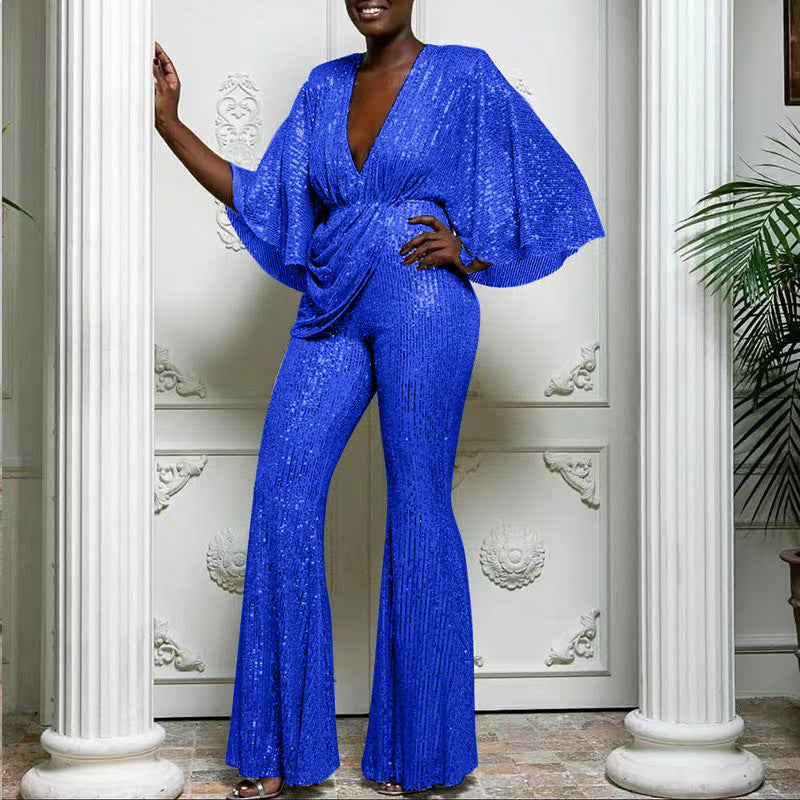 european and american new women's fashion: sequin sexy deep v backless jumpsuit pants - direct sales for  &