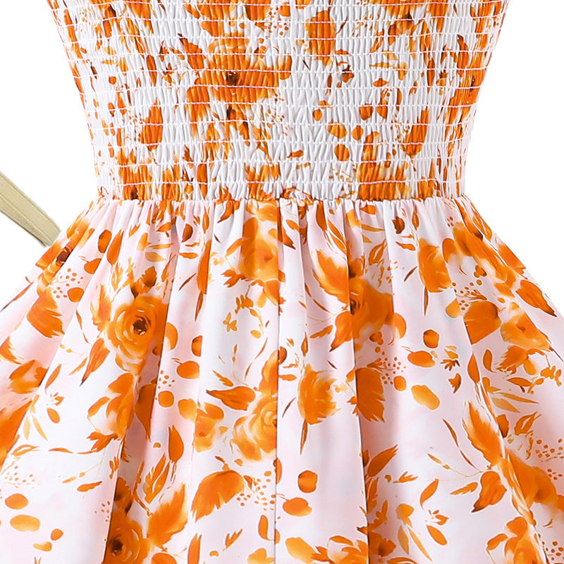 Amazon bestseller: girls' dress -  spring/summer new arrival - trendy floral print, slim fit, cinched waist, bow detail, spaghetti strap dress