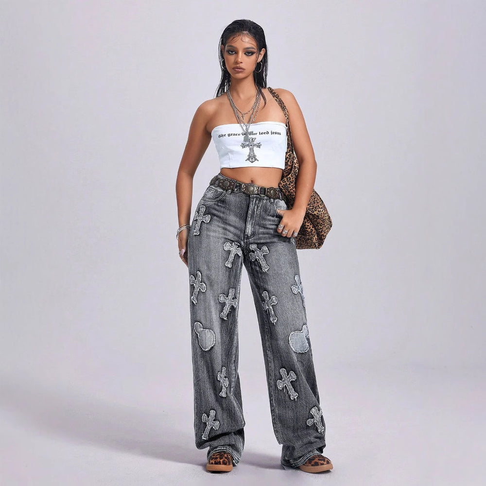 Pre-sale-65759# cross-border women's fashion european and american foreign trade ins retro cross embroidery straight-leg denim