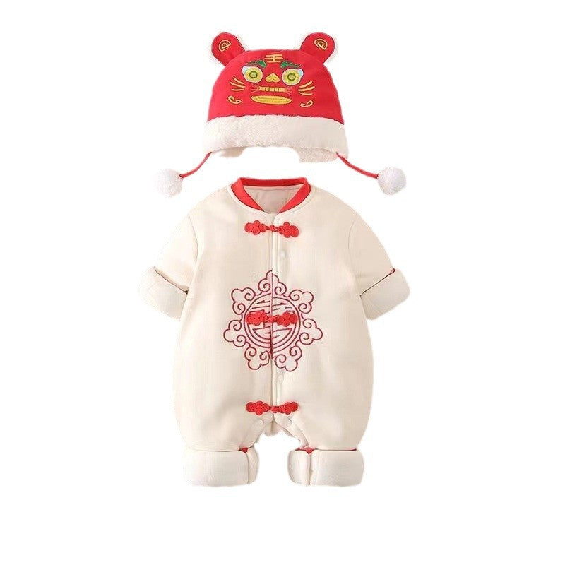 Newborn infant new year outfit festive winter romper thickened hundred-day celebration bodysuit full month new year's day bodysuit