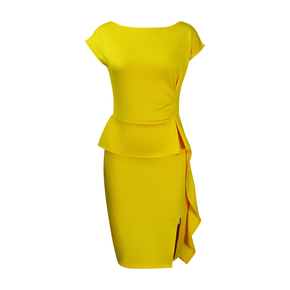 D246 in-stock   summer new arrival solid color ruched ruffle slit bodycon professional european and american style dress
