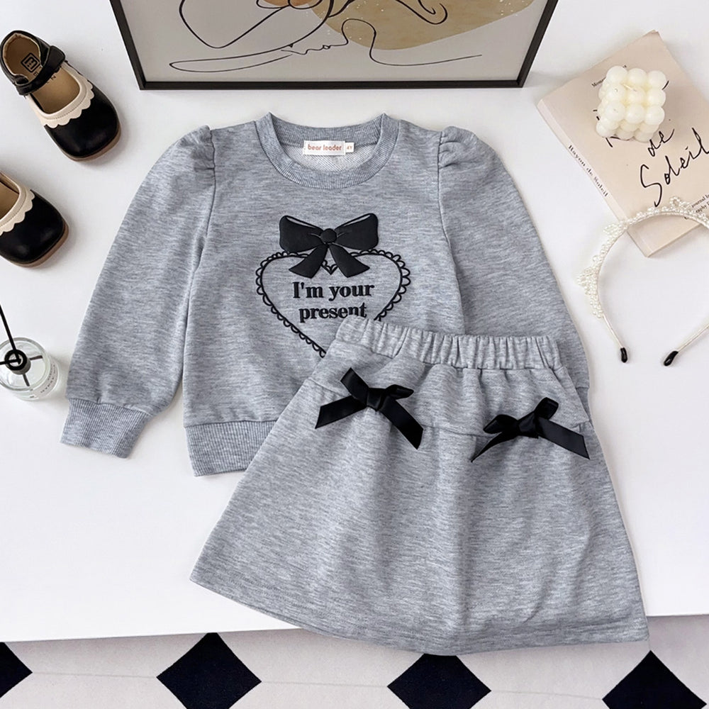 Korean style loose fit slimming heart print bowknot long sleeve sweatshirt set - women's spring/autumn sweet & cute two-piece outfit