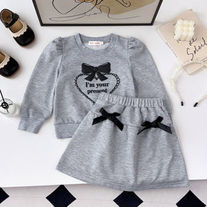 Korean style loose fit slimming heart print bowknot long sleeve sweatshirt set - women's spring/autumn sweet & cute two-piece outfit