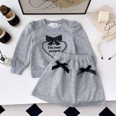 Korean style loose fit slimming heart print bowknot long sleeve sweatshirt set - women's spring/autumn sweet & cute two-piece outfit
