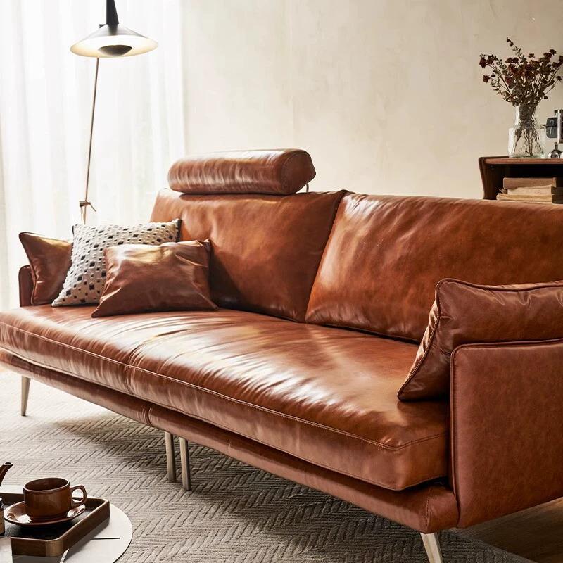 Retro oil wax genuine leather sofa first layer cowhide small apartment living room three-person slot medieval american french caramel color