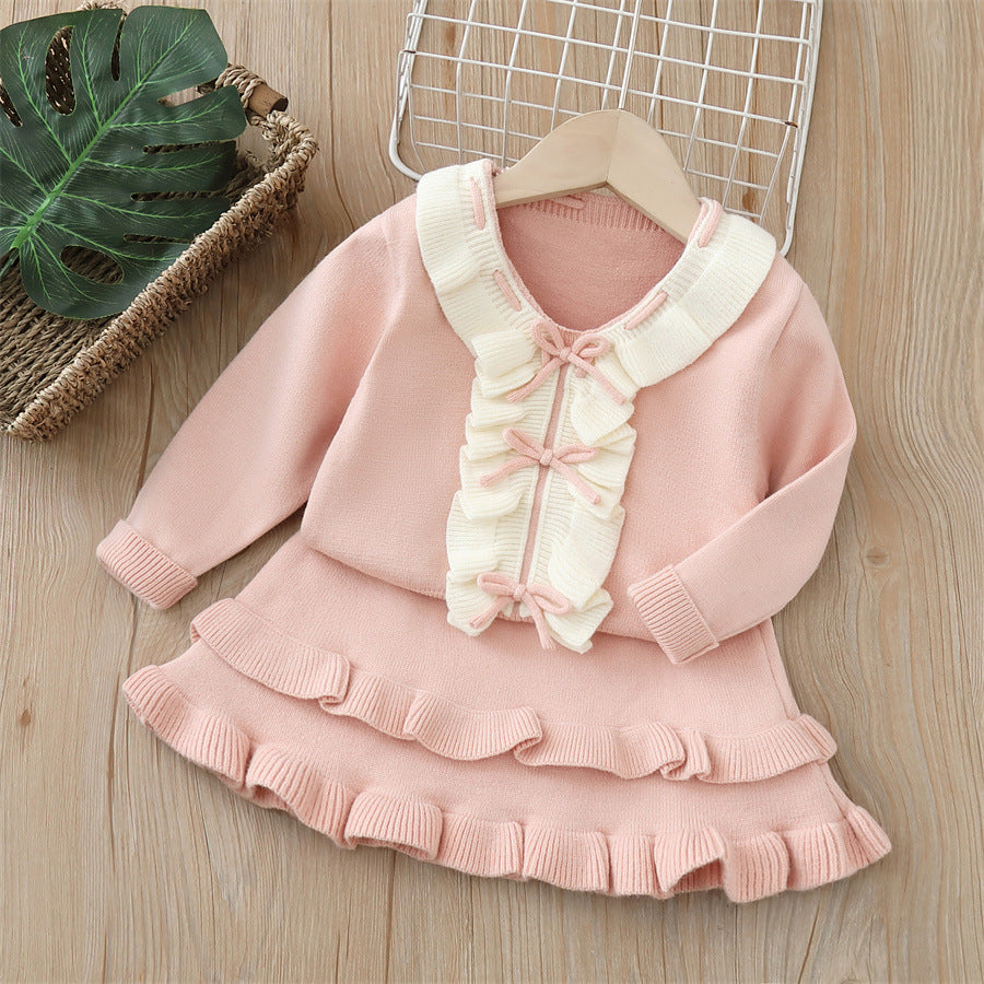 Dropshipping  autumn new girls' sweater two-piece set - sweet & chic bow detail
