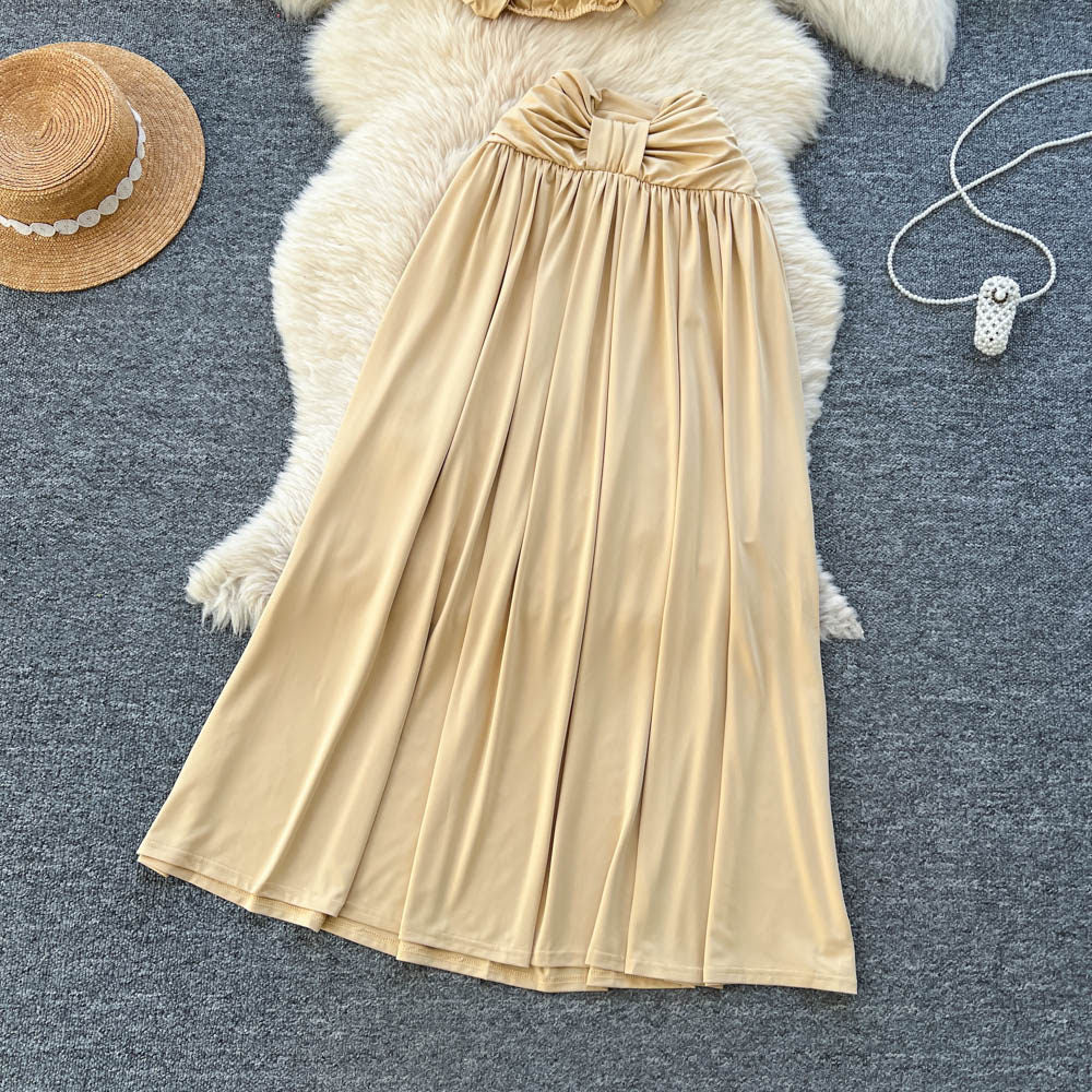 spring new french sexy one-shoulder cropped top and ruched midi skirt vacation outfit set