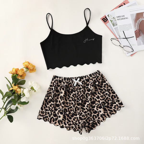 New letter honey print suspender top and leopard print shorts loungewear set