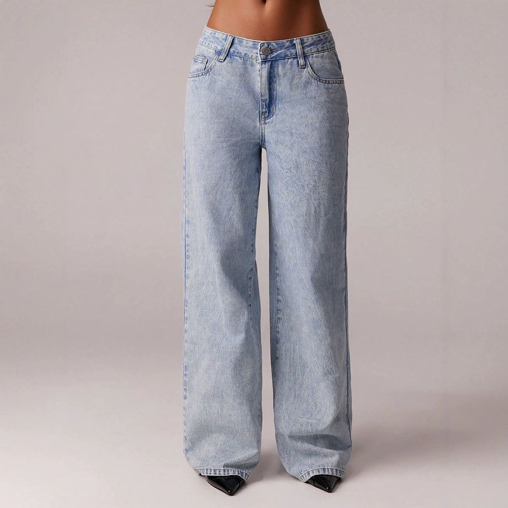Fashionjeans women's snowflake washed loose pants retro light blue high waist lazy style loose drape denim pants