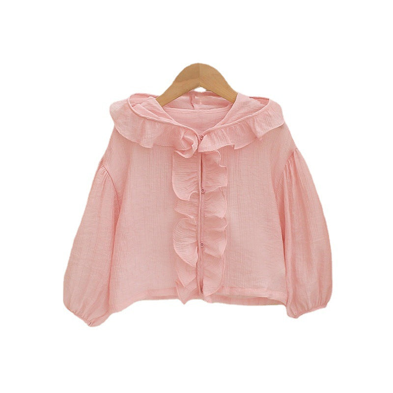 Korean style sun protection clothing for girls, summer : chic and sweet ruffle trim, lightweight and fashionable hooded sun jacket for kids