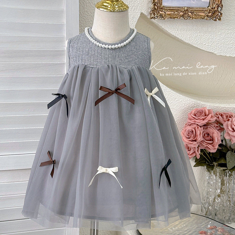 Girls' summer dress  sleeveless tank top mesh skirt baby bow princess dress
