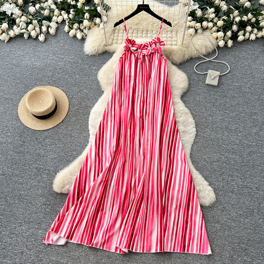 K-stylestripes suspender small diamond flower dress women's summerhigh waista word easiest for match long skirtwork clothing outfit skirt