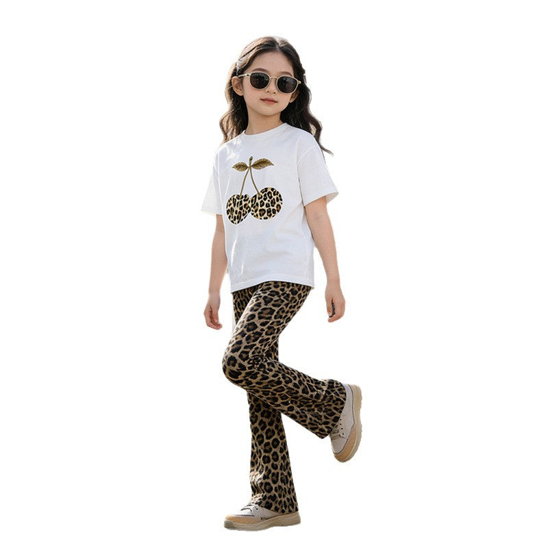 Girls' two-piece summer outfit: lightweight casual leopard print fashion set for girls,  new short-sleeve printed set