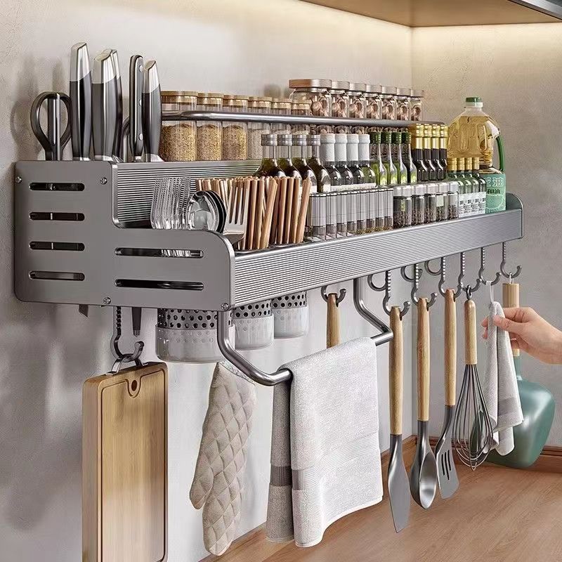 Space Aluminum Wide Kitchen Shelf No Punching Multifunctional Wall Hanging Seasoning Chopsticks Knife Holder Multi-layer Storage Rack