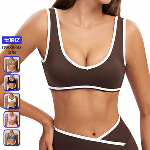 European and american new color block wide strap sports bra shockproof women's one-piece yoga backless bra fitness apparel 8843
