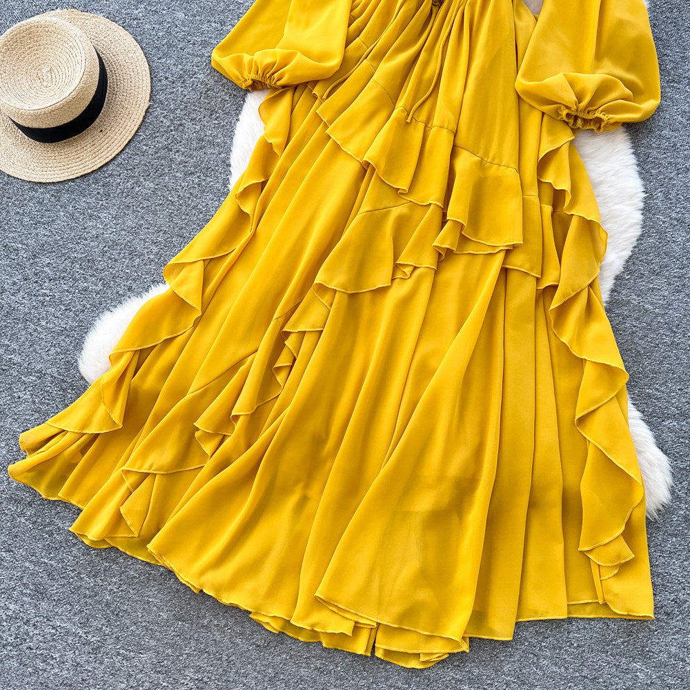French riviera style square neck puff sleeve dress - women's summer yellow ruffle trim, slim fit, maxi swing dress