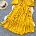 French riviera style square neck puff sleeve dress - women's summer yellow ruffle trim, slim fit, maxi swing dress