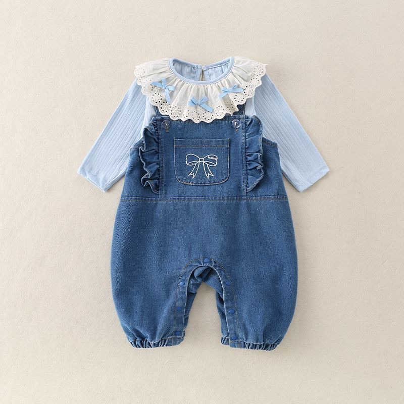 Autumn denim overalls new arrival one-piece girlsuit baby style overalls k-styletwo-piece setautumsuit