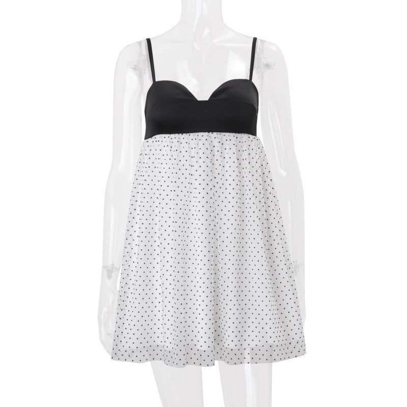 european and american women's clothing  summer new french chic polka dot color block bandeau loose spaghetti strap dress