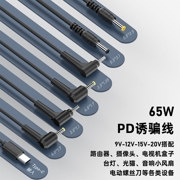 TYPE-C public DC decoy cable 65W power supply fast charging cable 9V12V20V voltage 3A light cat router PD cable