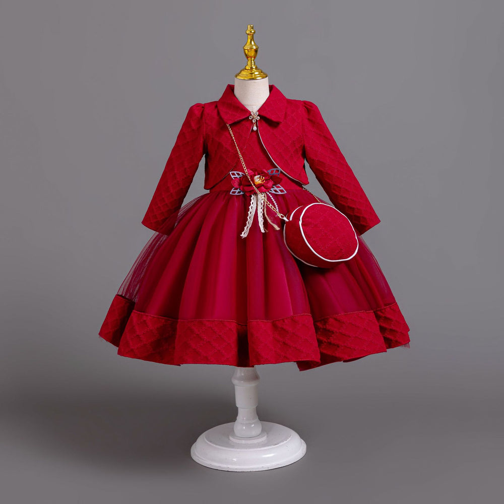 New in stock three-piece girls' dress set: long-sleeve wedding dress, piano recital dress, girl's dress