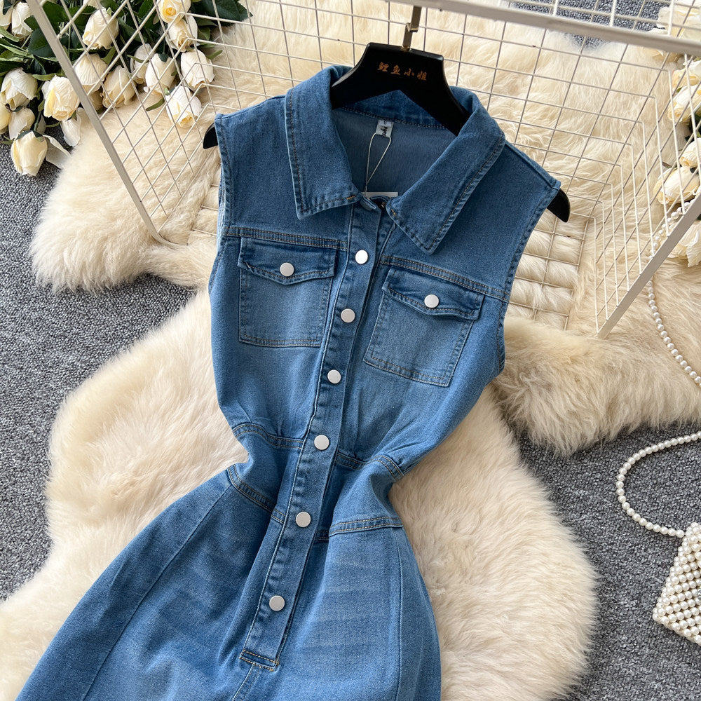 Commuting style casualsilm denim jumpsuit women's summerstraight-legpants sleeveless lapel button waist slimming look