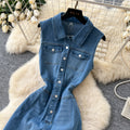 Commuting style casualsilm denim jumpsuit women's summerstraight-legpants sleeveless lapel button waist slimming look