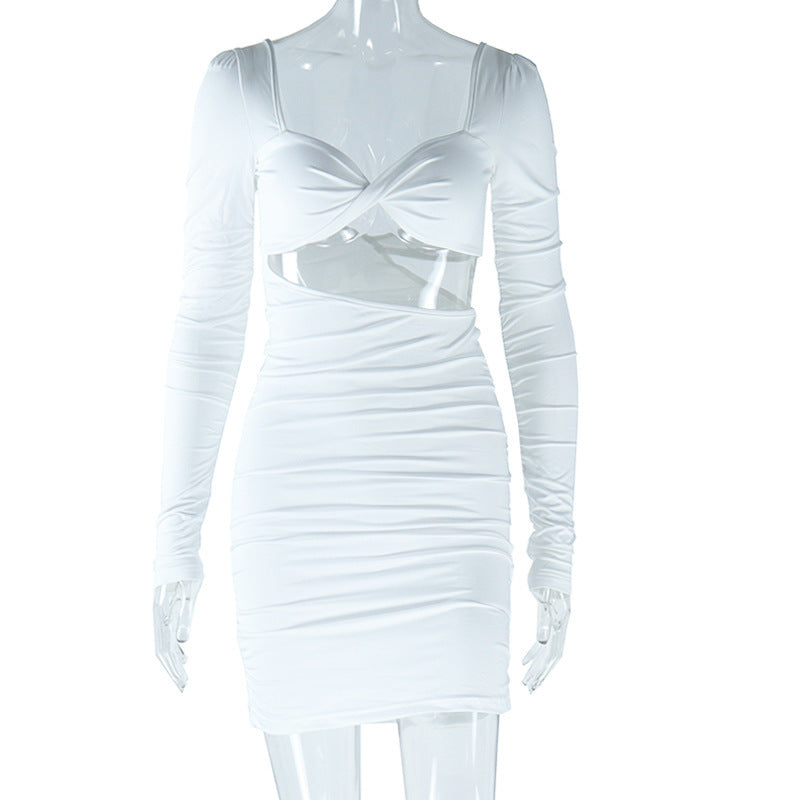 European and american style ins foreign trade women's backless sexy ruched streetwear dress solid color long sleeve v-neck bodycon mini dress