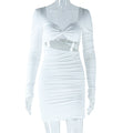European and american style ins foreign trade women's backless sexy ruched streetwear dress solid color long sleeve v-neck bodycon mini dress