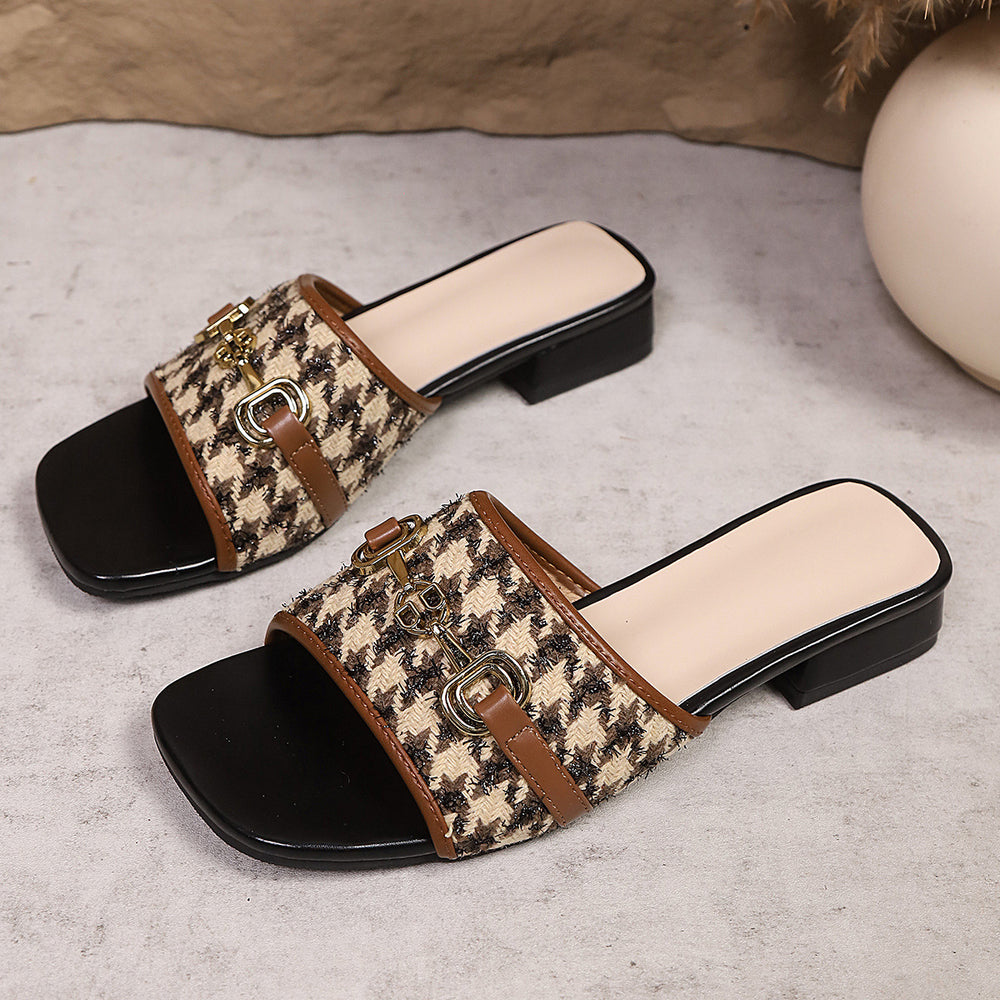 Metal chain low heel sandals - amazon 2026 summer cross-border square toe plaid beach thong sandals for women