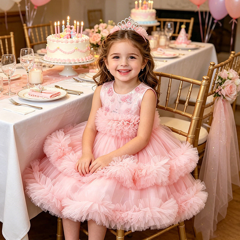 Flower girl dress baby birthday first birthday princess dress holiday party girl princess dress gauze dress tutu skirt ready stock