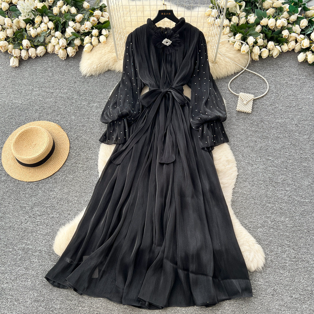 Lightly mature style diamond-encrusted elegance a-line dress women's long sleevestie back waist slimming lookelegant pleated long skirt work clothing