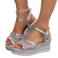 Exportplus sizesummer fish mouth sandals women's wedge heel thick sole one-word buckle mesh rhinestone roman sandals cross-border wholesale