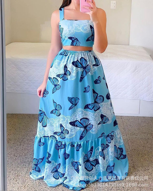 Spot  2022 women's clothing European and American new printed vest pleated skirt set