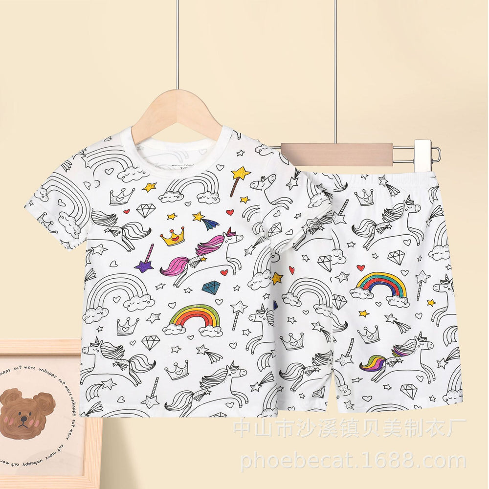 Cartoon european and american cross-border exclusive children's home clothes pajamas suit sketch comfortable breathable diy hand-painted graffiti