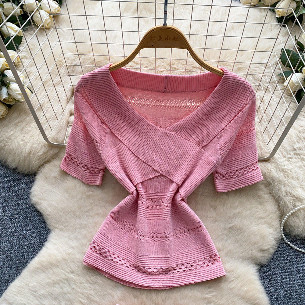 Commuter style pink knittingcut outtwo-piece set women's summer silmv neckcut outtops skirt fashionsuit