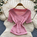 Commuter style pink knittingcut outtwo-piece set women's summer silmv neckcut outtops skirt fashionsuit