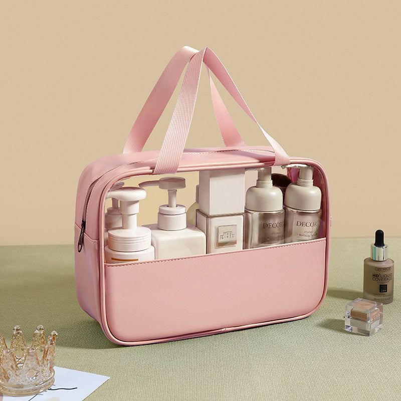 Splicing transparent cosmetic bag PVC bath toilet bag PU waterproof handbag large capacity travel portable storage bag