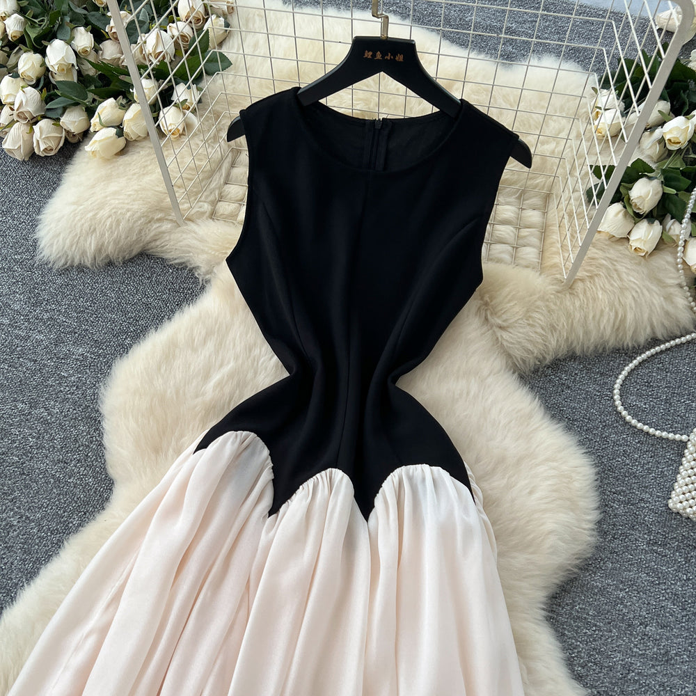 summer women's fashion: unique, high-end color block sleeveless mesh dress with cinched waist - french style maxi dress