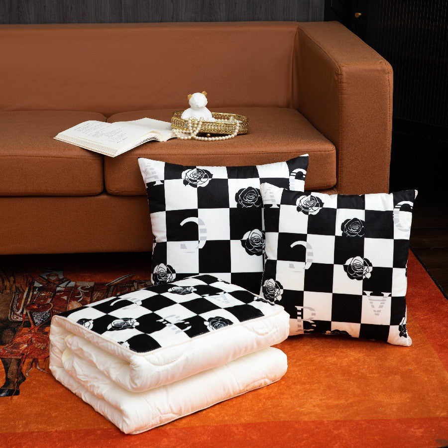 Multifunctional pillow quilt two-in-one scandinavian black and white checkerboard grids car cushion quilt office lunch break air-conditioning quilt
