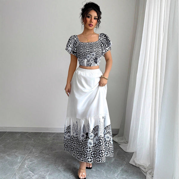 Spot  1688 women's summer elegant vacation style printed A-shaped skirt set