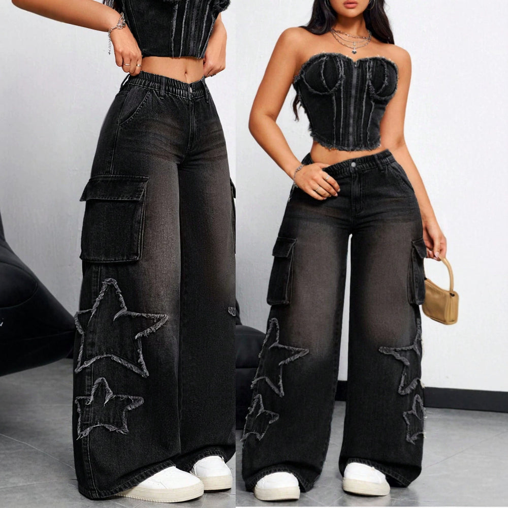 American retro distressed workwear loose jeans women's raw edge star patch multi-flap pocket pantshigh waistdraped floor length pants