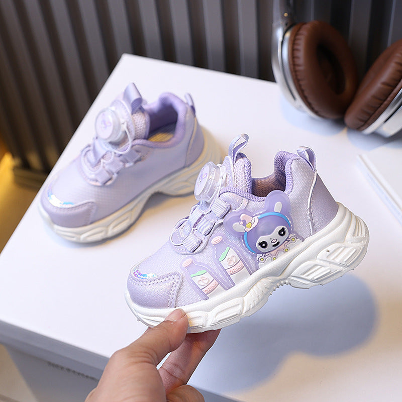 Girls' spring new collection: kids' chunky sneakers with swivel buckle, cartoon design, light-up detail, soft sole, and breathable running shoes