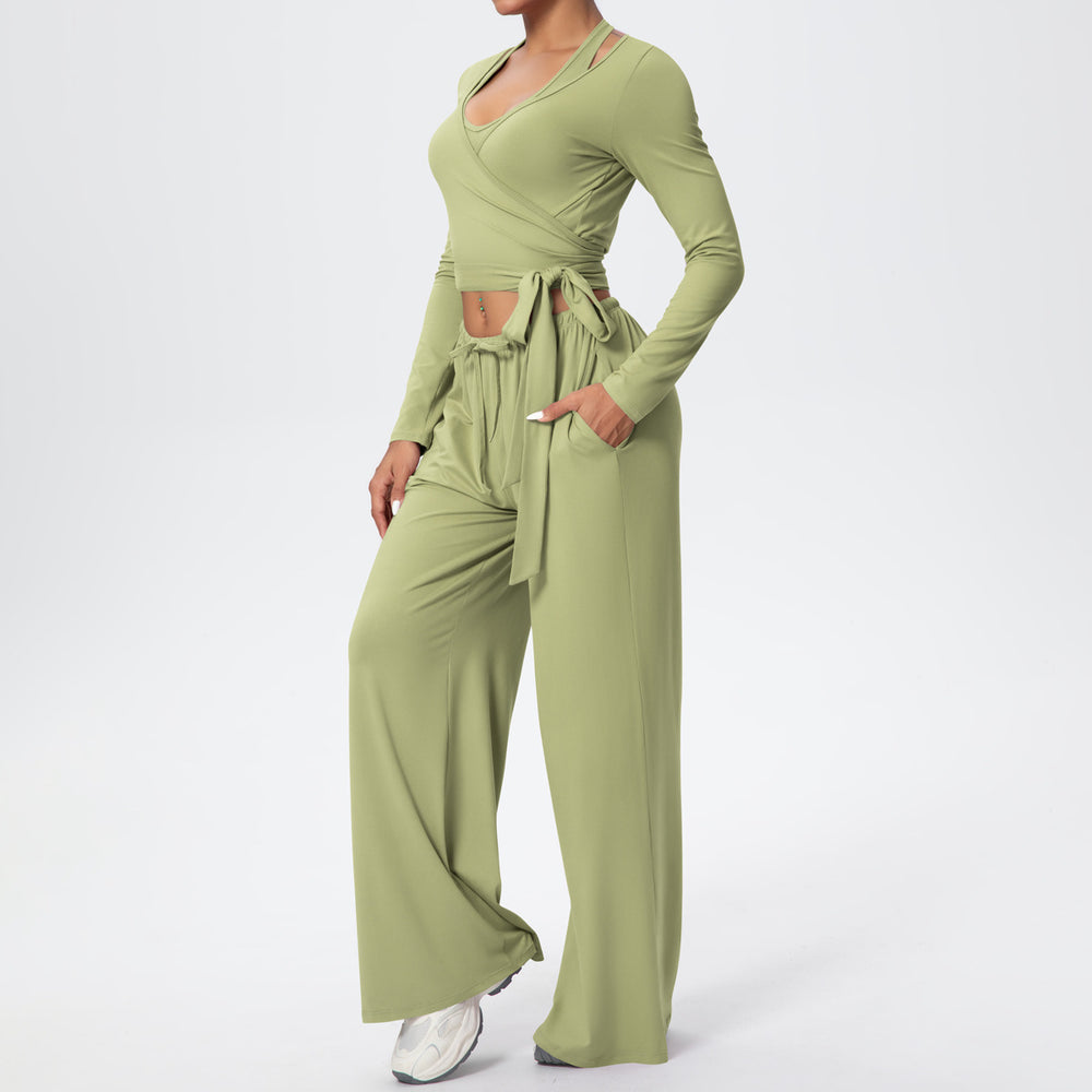 New brushed fleece quick-dry yoga outfit set - three-piece activewear with drawstring and tie details for sports, outdoor training, running, and fitness