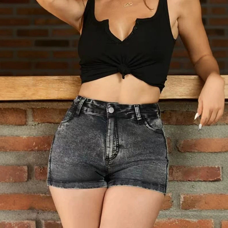 new american style black denim shorts - women's mid-rise stretch washed jeans, slim fit, bodycon, hot girl style hot pants