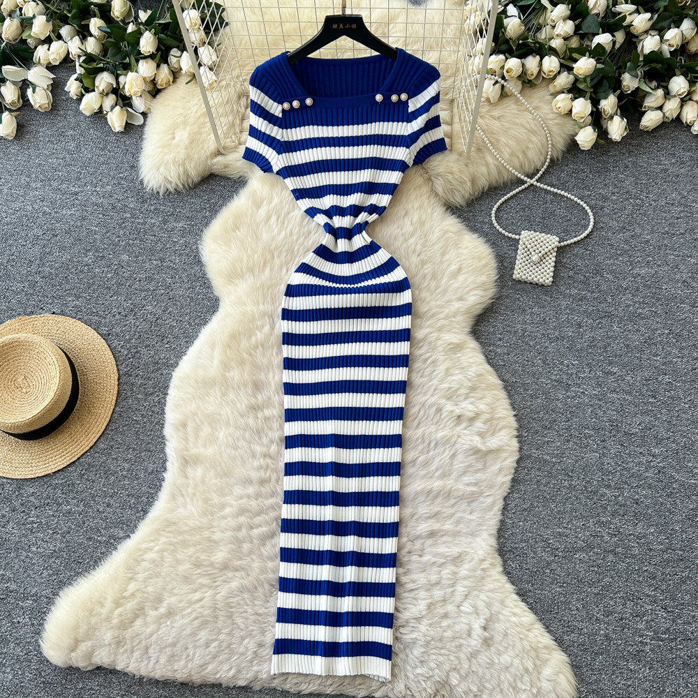 Korean style blue and white striped square neck knitted dress - women's summer short sleeve high waist a-line dress - commuter chic, slimming fit