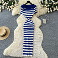 Korean style blue and white striped square neck knitted dress - women's summer short sleeve high waist a-line dress - commuter chic, slimming fit