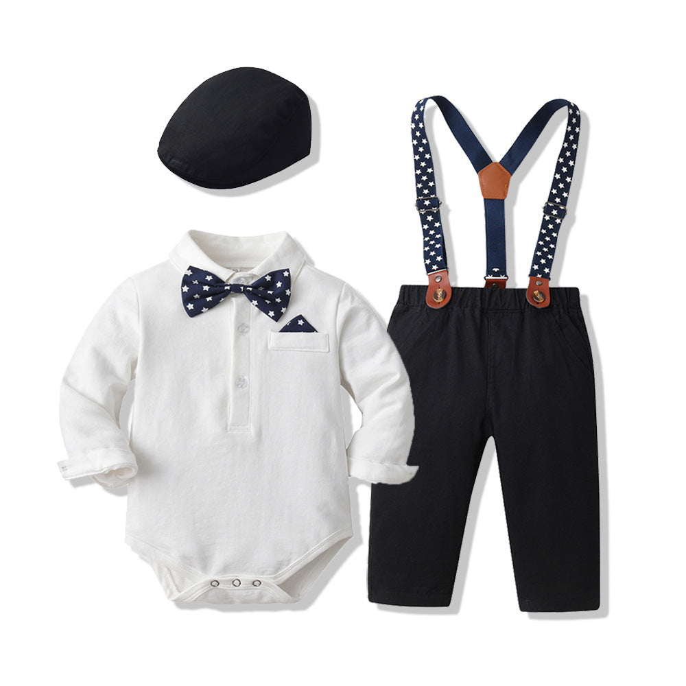 Boys' spring outfit set, long-sleeve romper and bib overalls set, cross-border two-piece baby clothes