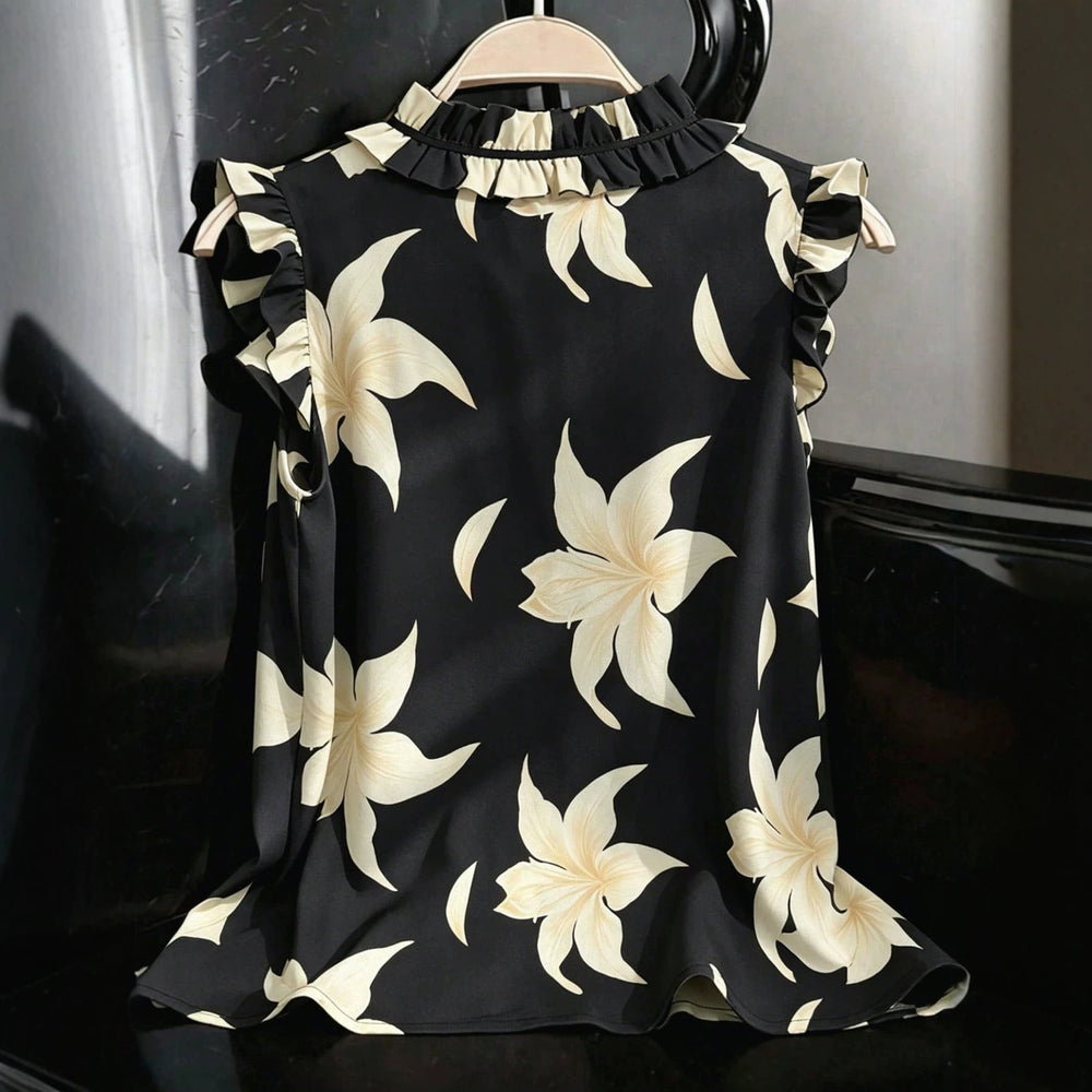 Simple retro floral print sleeveless top with ruffle neck and bow tie – casual commute women's apparel, 1688 source
