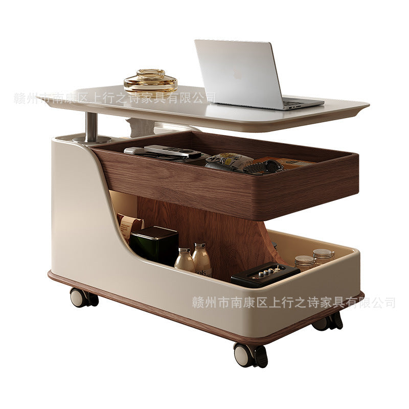 Movable sofa side table, vintage style rolling cart coffee table, height adjustable folding small apartment home living room furniture